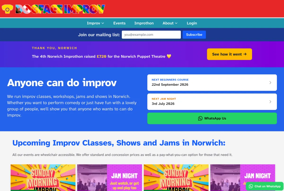 The Dogface Improv homepage, listing improv classes and shows in Norwich