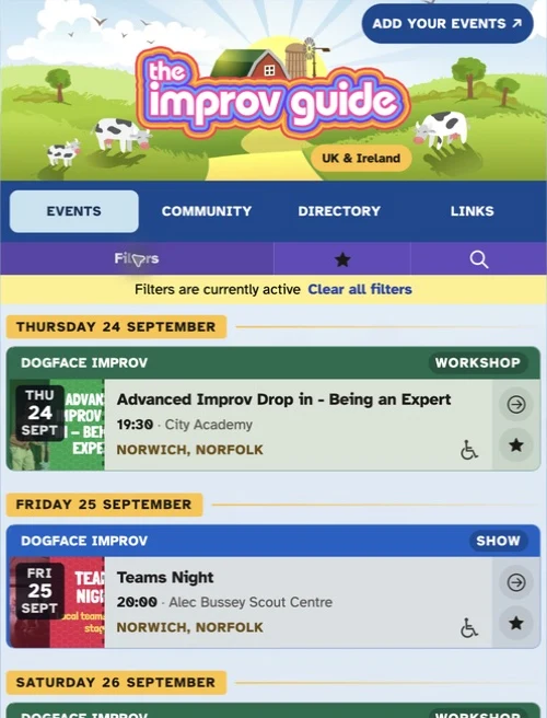 The Improv Guide in light mode, showing matching events in Norfolk